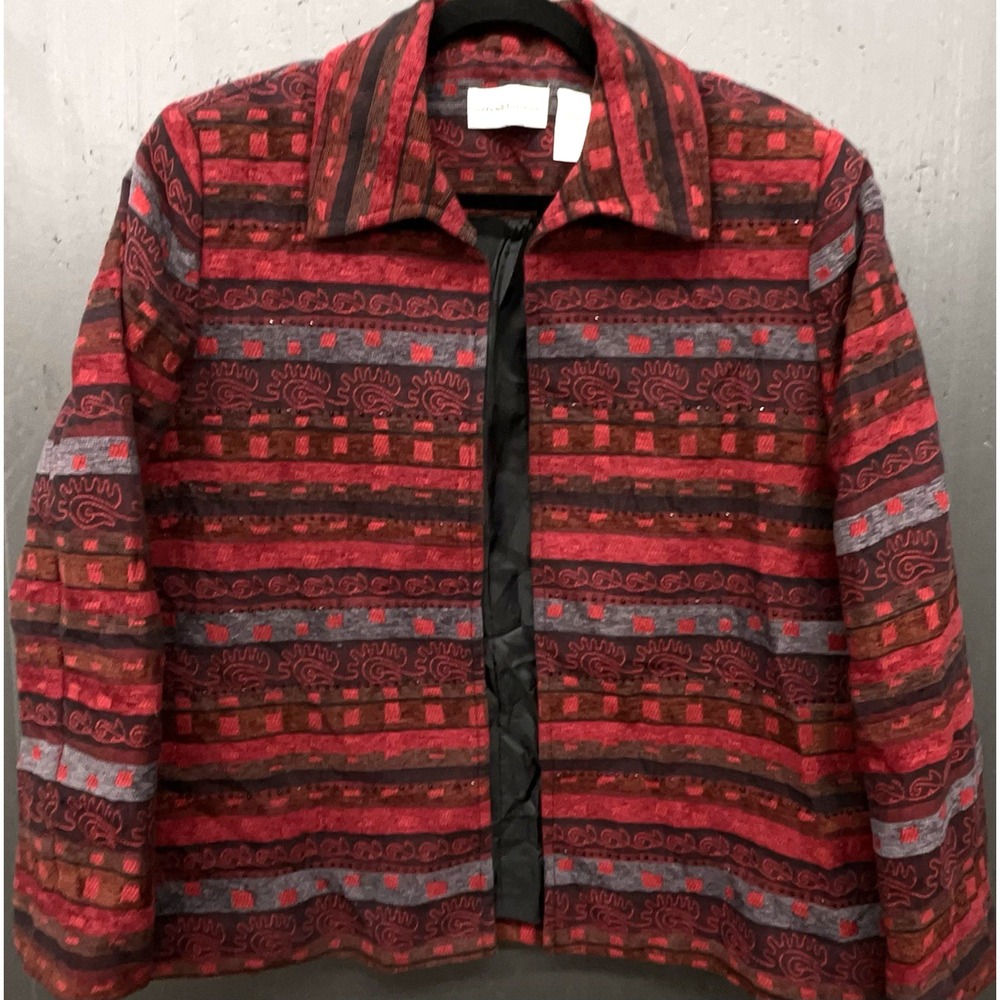 Women Blazer Jacket 14 Red Open Cotton Blend Embroidered Patchwork Boho Arts New